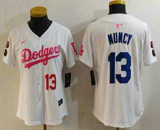 Womens Los Angeles Dodgers #13 Max Muncy Number White Pink With Patch Limited Stitched Jersey